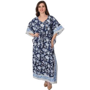 Fabric Venue Women's Ethnic Hand Block Print Cotton Maxi Kaftan Nightwear Dress Beach Wear Dress Floral Paisley Print Kaftan (Blue)