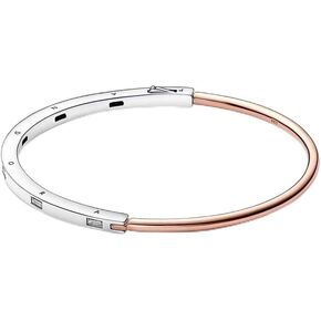Pandora Two-Tone I-D Pavé Bangle - Sterling Silver & 14k Rose Gold-Plated Bracelet for Women - Features Rose Gold, Sterling Silver & Cubic Zirconia - Gift for Her - With Gift Box