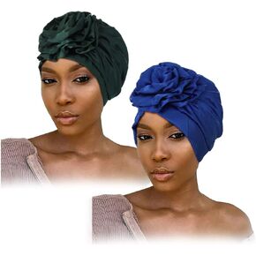 Urieo 2 Pcs Flower Beanie Turbans Solid Color Turban Headwrap Elastic Caps Head Wrap for Women