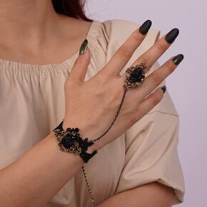 Missgrace Women Vintage Gothic Cosplay Black Flower Lace Bracelet with Ring Bangle Bracelet Metal Crystal Charm Steampunk Lace Black Chain Rose Flower Tassel Bracelet Rings for Women