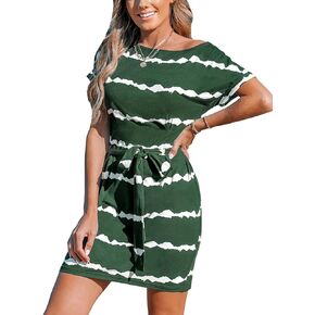 CUPSHE Women Dresses Round Neck Short Sleeve Striped Belted Jersey Summer Mini Beach Dress