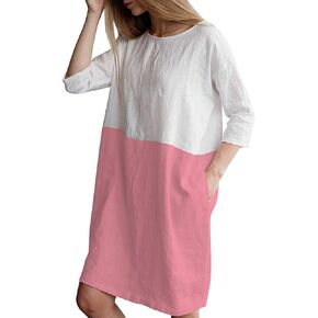 Famulily Women's Oversized 3 4 Sleeve Two Tone Colors Loose T Shirt Dress with Pockets