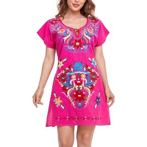 YZXDORWJ Women Mexican Embroidered Fiesta Dress V Neck Dress Short Sleeve