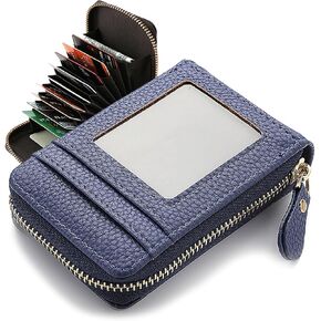 ABAJI Credit Card Holder Case with Photo Window Men Women Wallet Zipper Blue PU Material 11 Slots 2 Pocket Money Coin Position ID Card Gift Card Pouch Classic Sturdy