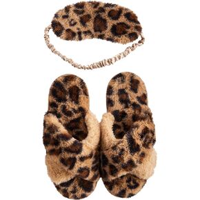 Mud Pie Women's Leopard Fuzzy Slipper and Eyemask Set
