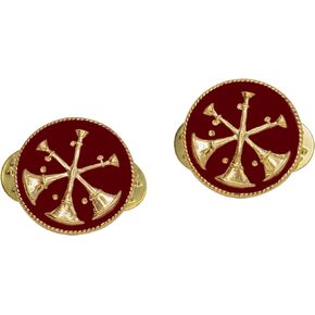 Smith & Warren Red Three Crossed Assistant Fire Chief Bugles On Round Disc Collar Insignia Gold Finish Fire Uniform Pin