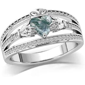 Claddagh Ring for Women 925 Sterling Silver Irish Claddagh Engagement Weeding Ring Band with Emerald Green Gemstone/Natural Moss Agate