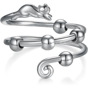 qielizhu Fidget Rings for Anxiety 925 Sterling Silver Cat Adjustable Anti Anxiety Ring With Bead Spinner Rings Cat Jewelry Gifts for Women Teens Girls