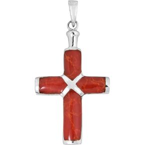 AeraVida Christian Cross Reconstructed Red Coral Inlay .925 Sterling Silver Pendant