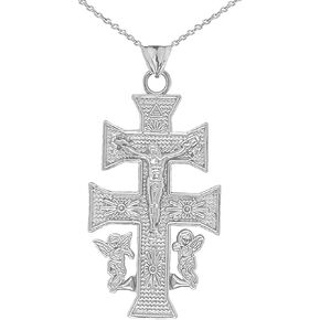 Fine Sterling Silver Caravaca Double Cross Crucifix Pendant Necklace