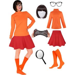 Women Costume Adult Top Skirt and Socks, Bob Wig, Glasses, Magnifying Glass for Halloween Women Cosplay Set…
