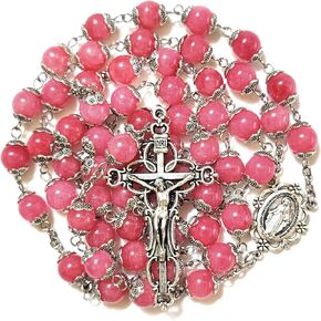 Rosary Beads White Natural Jade Rosery Catholic gifts for Women Girl Men Boy Confirmation (White)
