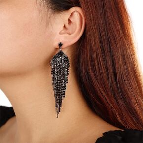 Kercisbeauty Black Rhinestones Chandelier Crystal Tassel Earrings for Women Girls Large Dangle Drop Jewelry for Event