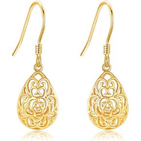 14K Gold Rose Flower Dangle Earrings for Women Real Gold Teardrop Earrings Solid Gold Rose Flower Jewelry Gifts for Her