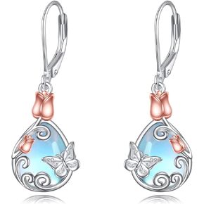 AOBOCO Butterfly/Dragonfly/Bee Leverback Earrings 925 Sterling Silver Rose Lotus Tulip Flower Filigree Dangle Earrings Teardrop Moonstone Larimar Turquoise Abalone Shell Jewelry Birthday Gifts for Women Girls