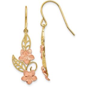 Solid 14k Yellow and White Gold Two Tone Unique Plumeria Dangle Earrings - 34mm x 11mm