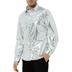 Arjen Kroos Mens Metallic Sequins Long Sleeve Shirts 70s Disco Leopard Shiny Button Down Shirt for Party Prom