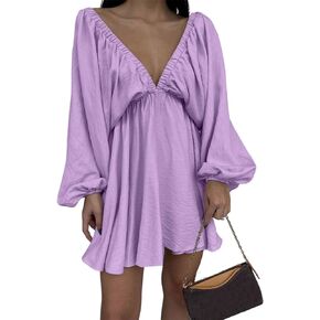 LOFAAC Women Sexy Deep V Neck Puff Long Sleeve Mini Dress Backless High Waist Ruffle Short Dress Party Club Fall Dress