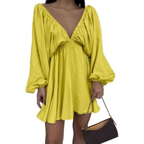 LOFAAC Women Sexy Deep V Neck Puff Long Sleeve Mini Dress Backless High Waist Ruffle Short Dress Party Club Fall Dress in Saudi Arabia
