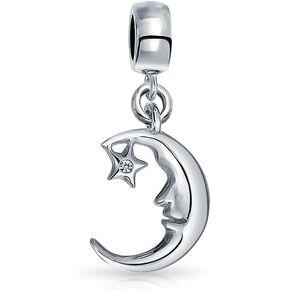 Celestial Dreamer Crescent Man In The Moon Two Tone Star Dangle Charm Bead For Women Teen Yellow 14K Gold Plated .925 Sterling Silver Fits European Bracelet