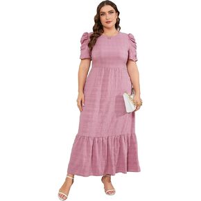 فستان صيفي طويل غير رسمي للنساء مقاس كبير للربيع بياقة دائرية وأكمام منتفخة على شكل حرف a وخصر عالٍ فستان ماكسي واسع in Kuwait