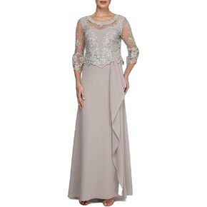 Le Bos Women's Full Legnth Gown with Embroidered Lace Bodice and Drape Detail at Waist