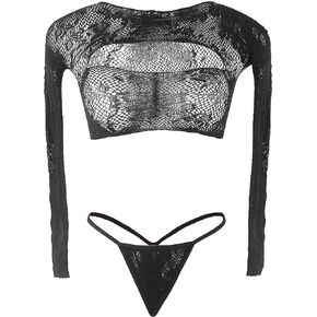 ohyeah Black Lingerie Set Sexy Long Sleeve Stretch Fishnet Set Chemise