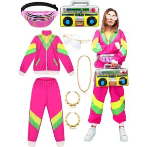 Xtinmee 6 Pcs 80s 90s Costumes Women's Halloween Hip Hop Retro Outfit Cosplay Accessories Pullover Hoodies Zipper Jacket