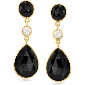 Ross-Simons Black Onyx and 5mm Cultured Freshwater Button Pearl Drop Earrings in 18kt Gold Over Sterling
