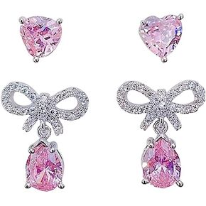 Pink Heart-shaped Zircon earrings Crystal drill bow earrings Pink Water drop Silver earrings set Peach heart Dangle Drop Earrings Jewelry for Women Girls