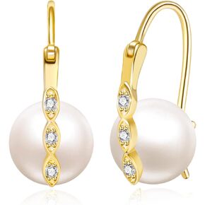 Pearl Drop Earrings 16K Gold Hoop White Real Freshwater Cultured Pearl Dangle Cubic Zirconia French leverback Earrings for Women Wedding Christmas Gifts