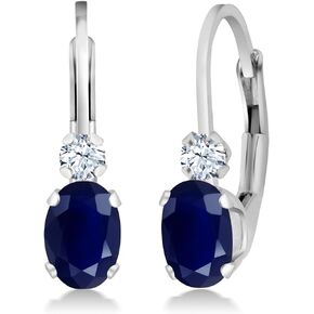Gem Stone King 925 Sterling Silver Blue Sapphire and White Created Sapphire Leverback Earrings For Women (1.18 Cttw, Gemstone September Birthstone, Oval 6X4MM, Round 2MM, 3/4 Inch)