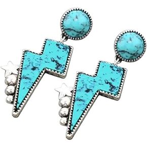 Western Turquoise Stud Earrings for Women Girls Natural Green Stone Lightning Bolt Thunder Flash Drop Dangle Earrings Cowgirls Cowboy Punk Party Statement Jewelry