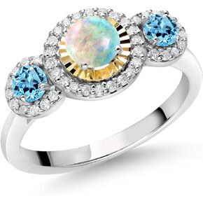 Gem Stone King 0.76 Ct Round Cabochon White Simulated Opal Swiss Blue Topaz 925 Silver and 10K Yellow Gold 3 Stone Women's Lab Grown Diamond Ring