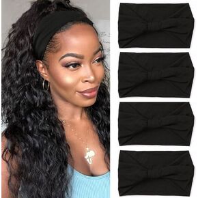 XTREND 4 Packs Wide Headbands Fashion Bandana Bohemian Style Elastic Knotted Non-Slip Headband Black Women Outdoor Sports Yoga Sweat Absorbent Solid Color Hair Accessories (Black Series) in Kuwait