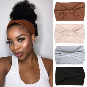 XTREND 4 Packs Wide Headbands Fashion Bandana Bohemian Style Elastic Knotted Non-Slip Headband Black Women Outdoor Sports Yoga Sweat Absorbent Solid Color Hair Accessories (Black Series)