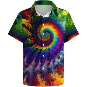 Liohans Hawaiian Mysterious Psychedelic Rainbow Totem Tie-Dye Lapel Pocket Short Sleeved Shirt Button Shirt