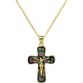 AEQBBQRE Women Cross Necklace 14K Gold Plated Colorful Abalone Shell Pearl Cross Pendant Chain Jewelry (with Elegant Gift Box)