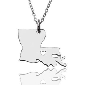 Stainless Steel I Love Louisiana Necklace, Born On The Bayou, Pelican Heart State Map Country Pendant (Silver)