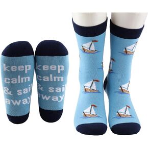 MBMSO 2 Pairs Sailboat Socks Keep Calm and Sail Away Sailing Socks Boat Captain Gifts for Men Nautical Gift for Boating Lover