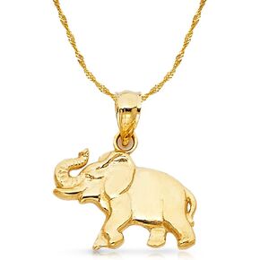 Ioka 14K Yellow Gold Elephant Charm Pendant with 1.2mm Singapore Chain Necklace