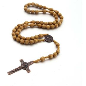 COLORFUL BLING Classic Natural Wood Beads Cross Pendant Necklace for Men Women Religious Rosary Jewelry Handmade Prayer Accessories