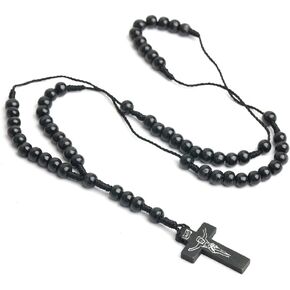 COLORFUL BLING Classic Natural Wood Beads Cross Pendant Necklace for Men Women Religious Rosary Jewelry Handmade Prayer Accessories