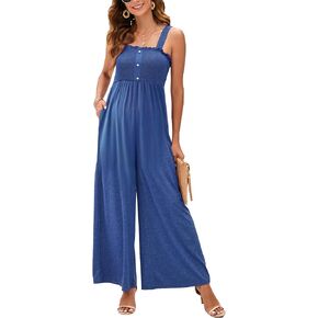KOJOOIN Women's Maternity Sleeveless Smocked Jumpsuits Square Neck Spaghetti Straps Wide Leg Rompers with Pockets