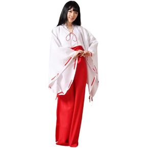 Women's White Kimono Red Hakama Pants Outfit Japanese Anime Kikyo Miko Kimono Cosplay Halloween Witch Costume