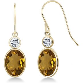 Gem Stone King 14K Yellow Gold Whiskey Quartz and White Topaz Hook French Fish Ear Wire Dangle Earrings For Women (2.58 Cttw, Gemstone, Oval 8X6MM, Round 3MM)