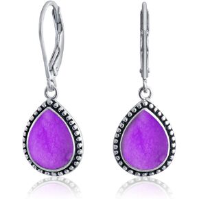 Boho Western Style Milgrain Setting Semi Precious Gemstones Lapis Turquoise Jade Onyx Quartz Pear Shaped Teardrop Lever Back Dangle Drop Earrings For Women Teen Oxidized .925 Sterling Silver