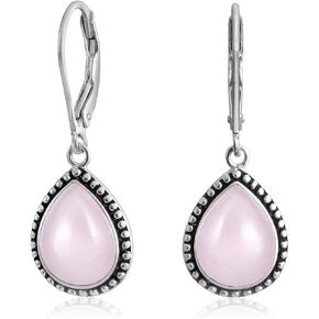 Boho Western Style Milgrain Setting Semi Precious Gemstones Lapis Turquoise Jade Onyx Quartz Pear Shaped Teardrop Lever Back Dangle Drop Earrings For Women Teen Oxidized .925 Sterling Silver