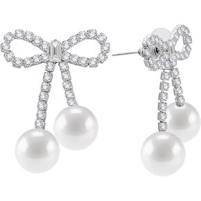 Bow Earrings Pearl Drop Earrings for Women Girls Cute Rhinestone Dangle Long Tassel Earrings Gifts for Her Christmas