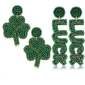 NLCAC 2 Pairs St Patricks Day Earrings Green Beaded Shamrock Earrings Handmade Good Luck Clover Dangle Earrings Funny Irish Holiday Party Jewelry Gifts
